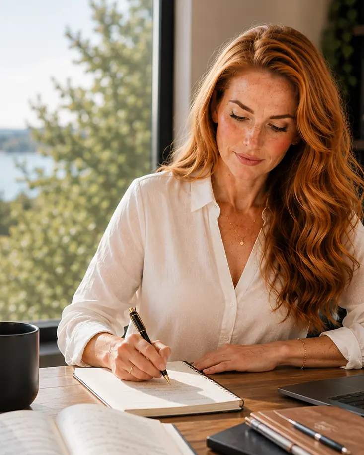 Susie Branagan, BSN, RN, founder of Susie Branagan Consulting, writing at her desk above the water